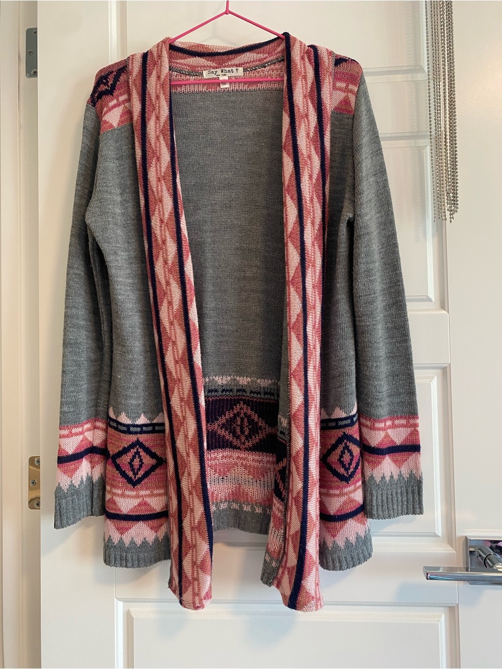 Grey Cardigan with Pink and Navy Fair Isle Accents